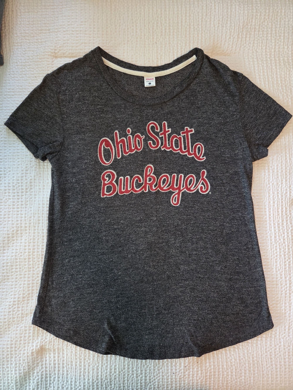 HOMAGE Charcoal Gray Short Sleeve Women's Tee with Red Ohio State Script